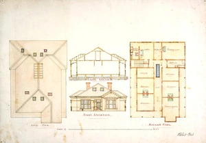 Tait, Robert 1830-1926 :[Ground floor and upper floor plans, front elevation and longitudinal section of two-storeyed house for John Paul. 1880-1910].