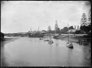 View of Whangarei showing part of the town, Hatea River, and the SS Kanieri berthed at the town wharf.