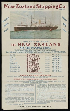 New Zealand Shipping Company :The New Zealand Shipping Company Limited (incorporated in New Zealand). RMS Rotorua. Direct line of mail steamers to New Zealand via the Panama Canal ... 1927 ... Rotorua, Remuera, Rimutaka, Ruahine, Rotorua, Ruapehu ... Fares to New Zealand ... fares to Tasmania & Australia. For further information apply to Pickfords Ltd, 206 High Holborn, London, W.C. 1 [1927]