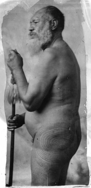 Unidentified Maori man with a spiral tatoo on his thigh
