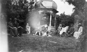 Group at afternoon tea in the garden of Walter and Emily Platt, 10 Farm Road, Northland, Wellington