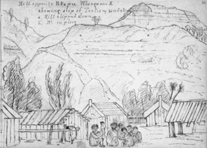 Crawford, James Coutts, 1817-1889 :Hill opposite Utapu, Whanganui R, shewing slip of tertiary sandstone. a. Hill slipped down. b. D. in place