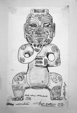 [Robley, Horatio Gordon], 1840-1930 :[Maori carved figure] obtained in Wallace sale 1835. [Drawn 1880s?]
