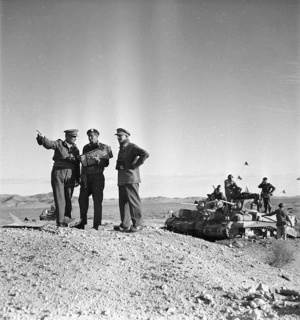 Paton, H fl 1942 (Photographer) : Bernard Cyril Freyberg confers with Brigaider Weir at Tripoli during the World War 2 North African campaign
