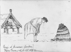 Crawford, James Coutts, 1817-1889 :Tangi at Ranana (London). Topia Turoa and an old woman. [24 Dec. 1861]