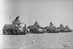 World War 2 Honey tanks of the New Zealand Divisional Cavalry lined up at the end of a patrol, Alamein, Egypt
