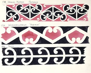 Godber, Albert Percy, 1876-1949 :[Drawings of Maori rafter patterns]. 178. Uenuku Kopako, Rotorua; 179. Whakarewarewa, "Hinemihi"; 180. Taupo. [1943?]