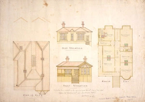 Tait, Robert 1830-1926 :[Ground plan, elevations and roof plan of single-storey house for Robert Tait, jnr, on the corner of Harrold Street and Norna Road, Kelburn]. 1905.