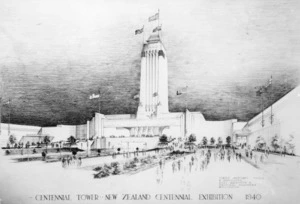 Anscombe, Edmund, 1874-1948 (artist) : Photograph of a pencil drawing of the Centennial Tower at the New Zealand Centennial Exhibition in Wellington
