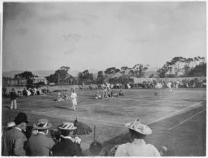 Men's singles tennis game during the New Zealand tennis championships, Thorndon, Wellington - Photographer unidentified