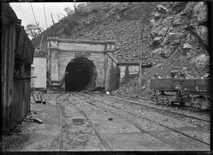 The entrance to the Otira Tunnel at the Arthur's Pass end, under construction, circa 1916.