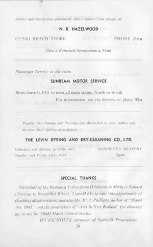 Rangiatea Centennial Celebration souvenir. [Page 24, of advertising and special thanks]. 1950.