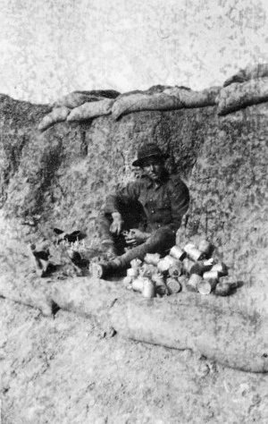 New Zealand soldier fusing jam tin bombs, Gallipoli, Turkey