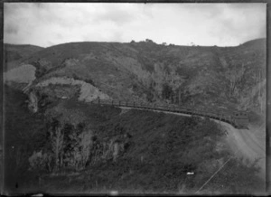 Goods train carrying sheep, on a bend near Upper Hutt on the Rimutaka Line.