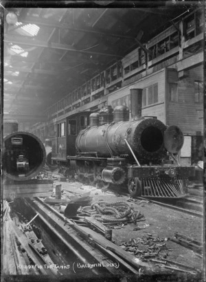 Wd class steam locomotive, NZR 323, in the erecting shop at Petone Railway Workshops.