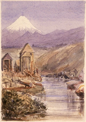 Williams, Edward Arthur 1824-1898 :[Timbermill at the edge of the Huatoki Stream, New Plymouth, 1864 or 1865]