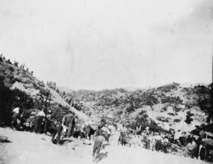 View of beach head and valley crowded with soldiers, Gallipoli, Turkey