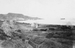Smoke from shells falling on beach over No 2 Outpost, Gallipoli, Turkey