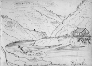 Crawford, James Coutts, 1817-1889 :Whanganui R[iver] looking down stream. Pipiriki [24 Dec 1861]