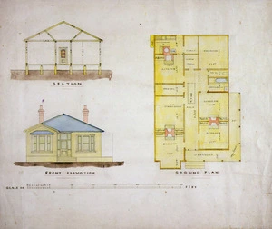 Tait, Robert 1830-1926 :[Ground plan, section and elevation of single-storey house. 1870-1890s].