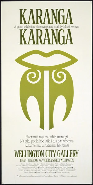 Wellington City Art Gallery :Karanga Karanga; a group exhibition of contemporary work by Maori women. Haeremai nga manuhiri tuarangi. Na taku potiki koe i tiki i tua o te whenua. Kukume mai a haeremai haeremai. Wellington City Art Gallery, 4 May - 1 June 1986.