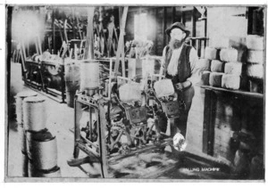 Man working at balling machine at W Cruickshank's sawmill, Invercargill