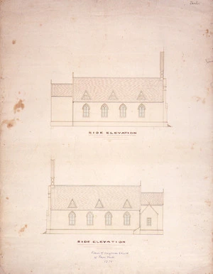 Tait, Robert 1830-1926 :Plan of Anglican Church at Lower Hutt, 1874. Side elevations. [1874-1880].