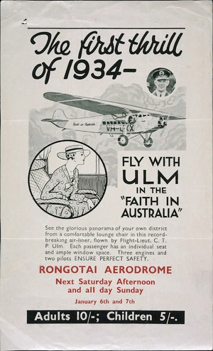 The first thrill of 1934 - fly with Ulm in the "Faith in Australia". Rongotai Aerodrome. ... January 6th and 7th [1934]