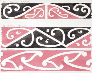 Godber, Albert Percy, 1876-1949 :[Drawings of Maori rafter patterns]. 65. Mahinarangi. Ngaruawahia; 66. Te Whaiti. Matekuare; 67. Rotorua. [1939-1947].
