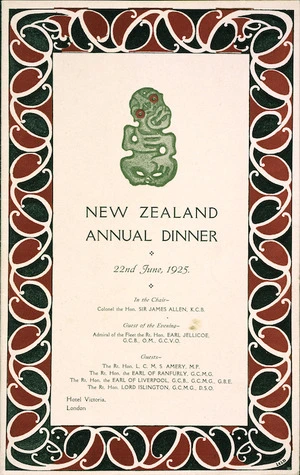 Hotel Victoria (London): New Zealand annual dinner, 22nd June 1925. Hotel Victoria London. [Menu].