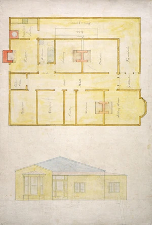 Tait, Robert 1830-1926 :[Ground plan and elevation of single-storey house. 1874-1910].