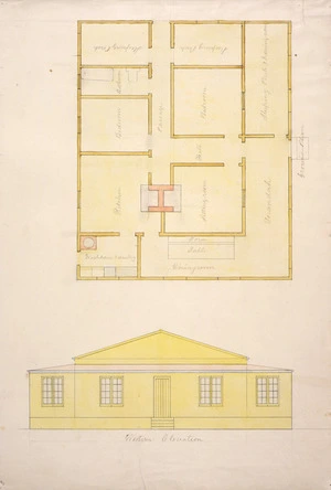 Tait, Robert 1830-1926 :[Ground plan and western elevation of single-storey house. 1870-1890s].