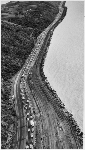 Aerial view of morning rush hour traffic on the Hutt Road, coming into Wellington