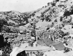 A barrier of sandbags in Shrapnel Gully, Gallipoli, Turkey