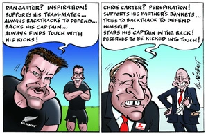 "Dan Carter? Inspiration! Supports his team-mates... always backtracks to defend... backs up his captain... always finds touch with his kicks!" "Chris Carter? Perspiration! ..." 1 August 2010