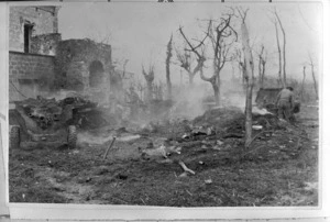 New Zealand equipment burnt out by a shell hit, near Cassino, Italy, during World War 2