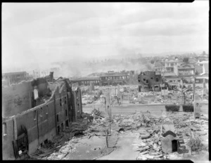 1931 Hawke's Bay earthquake, unidentified street location, Napier, destroyed buildings after earthquake