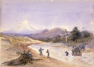 Williams, Edward Arthur 1824-1898 :[Soldiers crossing a south Taranaki river with bullock wagons 1865]