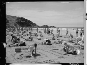 Children's sand castle competition at a Mount Maunganui beach - Photograph taken by W Walker