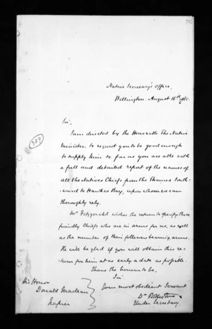 Letters from the general government to the government agent, Hawke's Bay