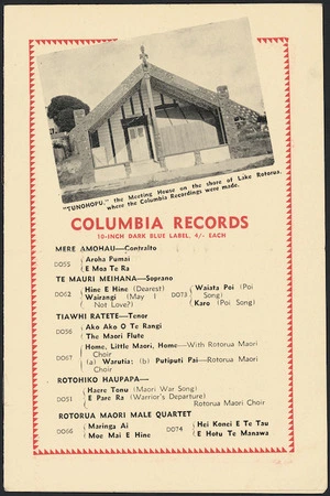 Columbia Graphophone (Australia) Ltd :Columbia Records. Mere Amohau, Te Mauri Meihana, Tiawhi Ratete, Rotohiko Haupapa, Rotorua Maori Male Quartet. [ca 1930].