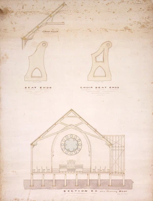 Tait, Robert 1830-1926 :[Plan of Anglican Church at Lower Hutt, 1874]. Section B-C, seat ends and choir seat ends. [1874-1880].