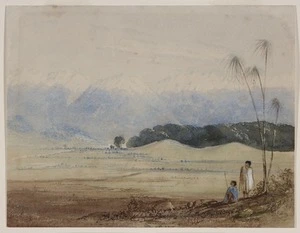 Tanner, Frances Mary, 1838?-1918 :[Two Maori overlooking Hawke's Bay and the Ruahine Range. ca 1865]