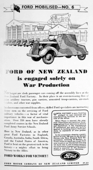 [O'Dea, Albert James], 1916-1986 :Ford mobilised no. 6. Ford of New Zealand is engaged solely on war production. Ford works for Victory! Ford Motor Company of New Zealand Limited Lower Hutt FP.228 [ca 1943].