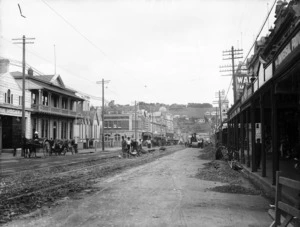 Victoria Avenue in Wanganui, shows men laying down tramway lines