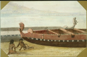[Brees, Samuel Charles] 1810-1865 :[Maori children beside canoe prows. Between 1842 and 1845]