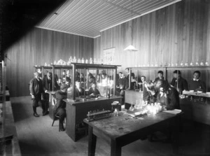 School children attending a class in the science laboratory, Stratford Technical School