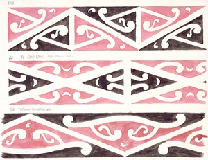 Godber, Albert Percy, 1876-1949 :[Drawings of Maori rafter patterns]. 80. ; 81. Te Ore Ore, "Nga-Tau-e-Waru"; 82. Whakarewarewa. [1939-1947].