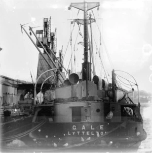 Photograph of a ship named "Gale" tied up at a wharf