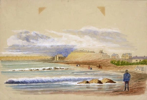 Hamley, Joseph Osbertus, 1820-1911 :Taranaki, Mount Eliot in centre, landing place at base, New Plymouth [July 1864]